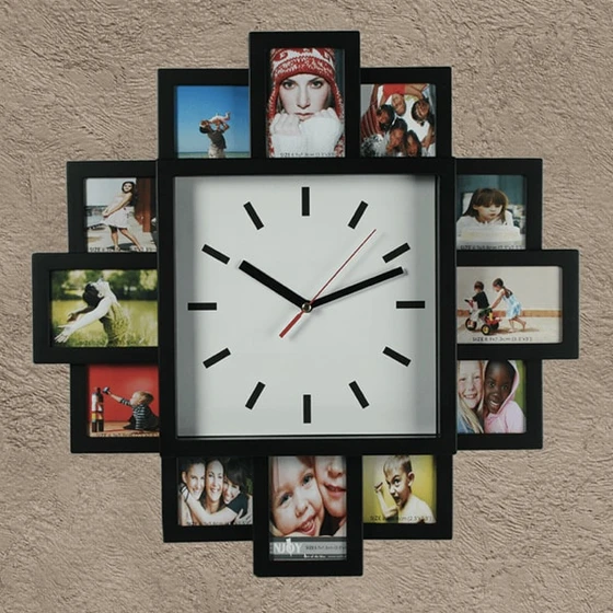 Zegar ścienny z ramkami na zdjęcia - czarny z białą tarczą